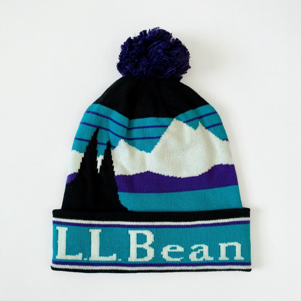 L.L. Bean Knit Katahdin Pom Hat Beanie Toque Black Blue Teal Cozy Cottage Money